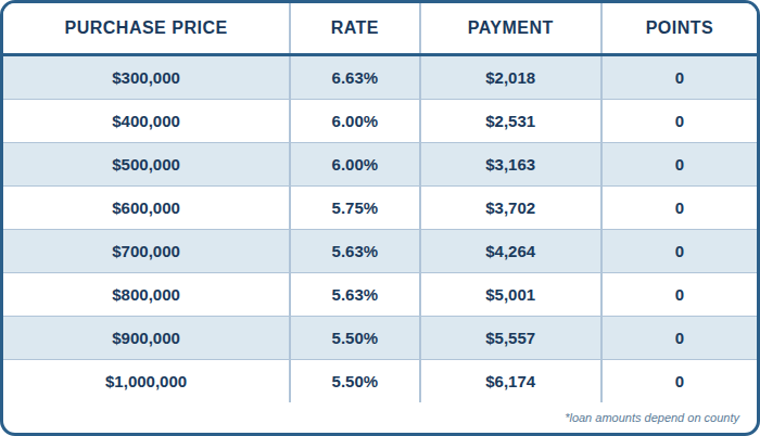 Published 5/1 ARM FHA chart showing purchase prices, interest rates, payments, and points. Contact AREG for an accessible personalized quote and APR.
