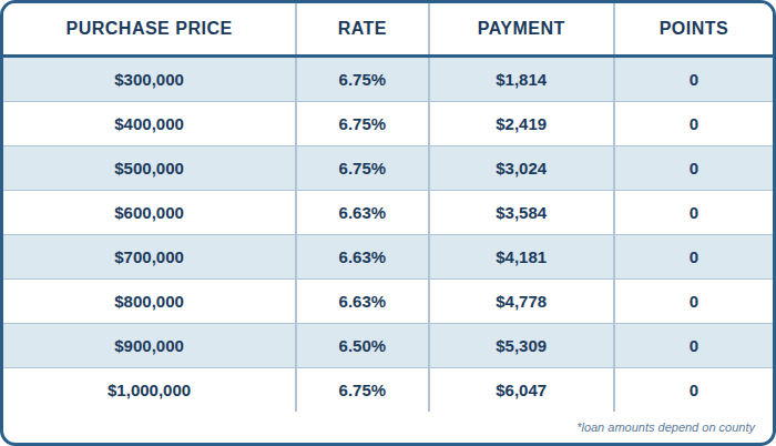 Published 30-year fixed · 10% down chart showing purchase prices, interest rates, payments, and points. Contact AREG for an accessible personalized quote and APR.