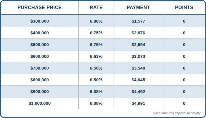 Published 7/6 ARM · 20% down chart showing purchase prices, interest rates, payments, and points. Contact AREG for an accessible personalized quote and APR.